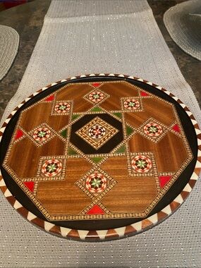 Handcrafted Brown Geometric Inlay Wood Serving Tray 13” Diameter